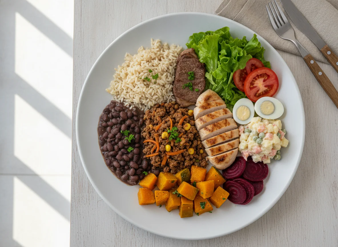 Prato Feito Brasileiro com Salada e Proteínas Variadas photo