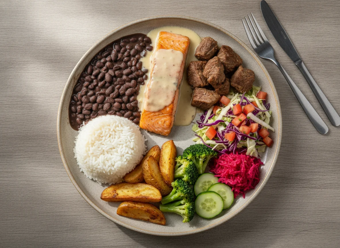 Prato Feito Brasileiro com Salmão, Carne e Acompanhamentos photo