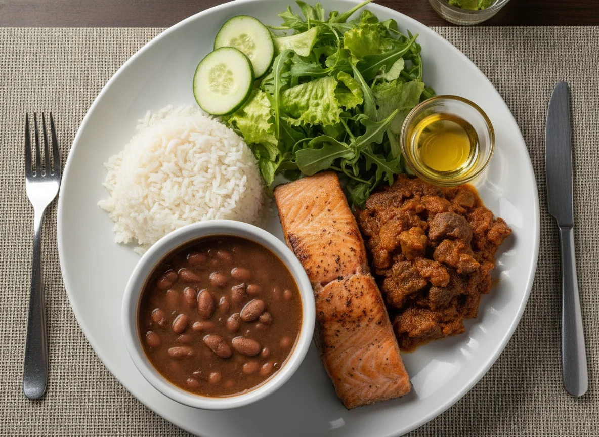 Prato Feito Brasileiro com Salmão e Carne photo