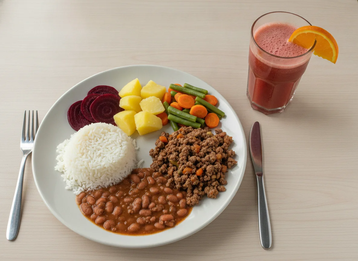 Prato feito brasileiro com suco de laranja e beterraba photo