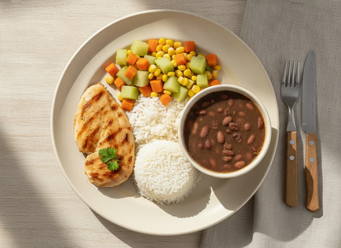 Prato Feito Brasileiro: Frango Grelhado, Arroz, Feijão e Seleta de Legumes photo