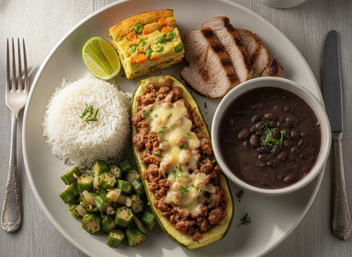 Prato feito com abobrinha recheada, arroz, feijão, quiabo e carne de porco photo