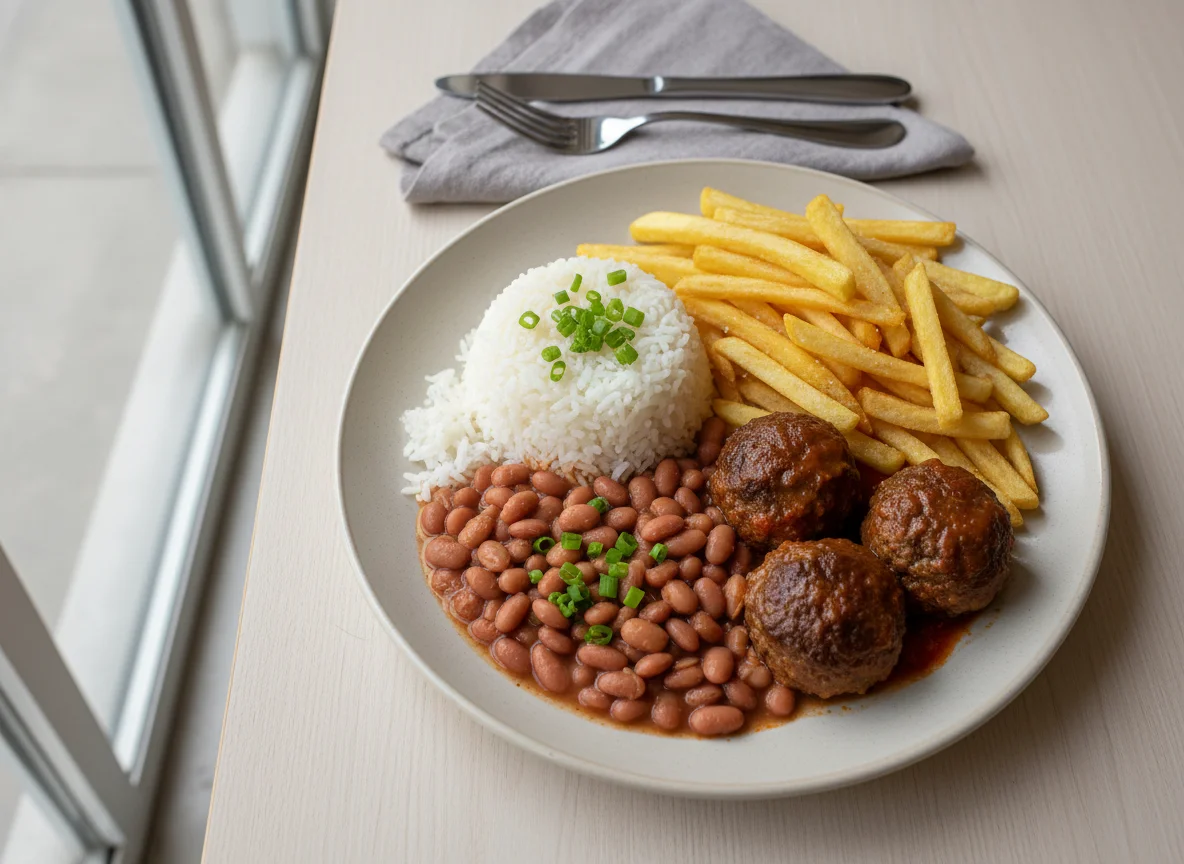 Prato feito com almôndegas, arroz, feijão e batata frita photo