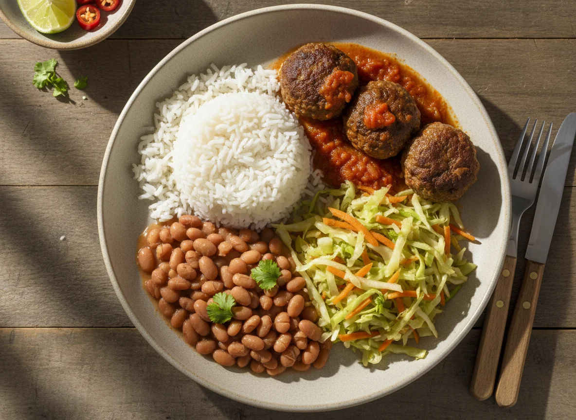 Prato feito com almôndegas, arroz, feijão e refogado de repolho photo