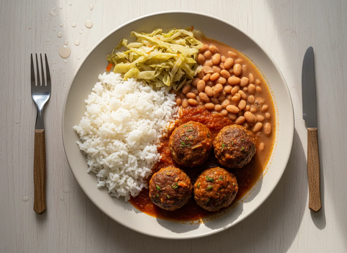 Prato feito com almôndegas, arroz, feijão e repolho refogado photo