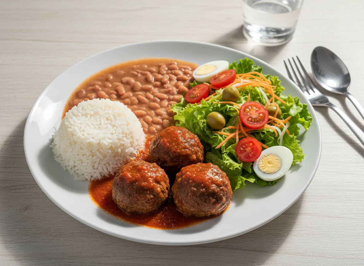 Prato Feito com Almôndegas, Arroz, Feijão e Salada photo