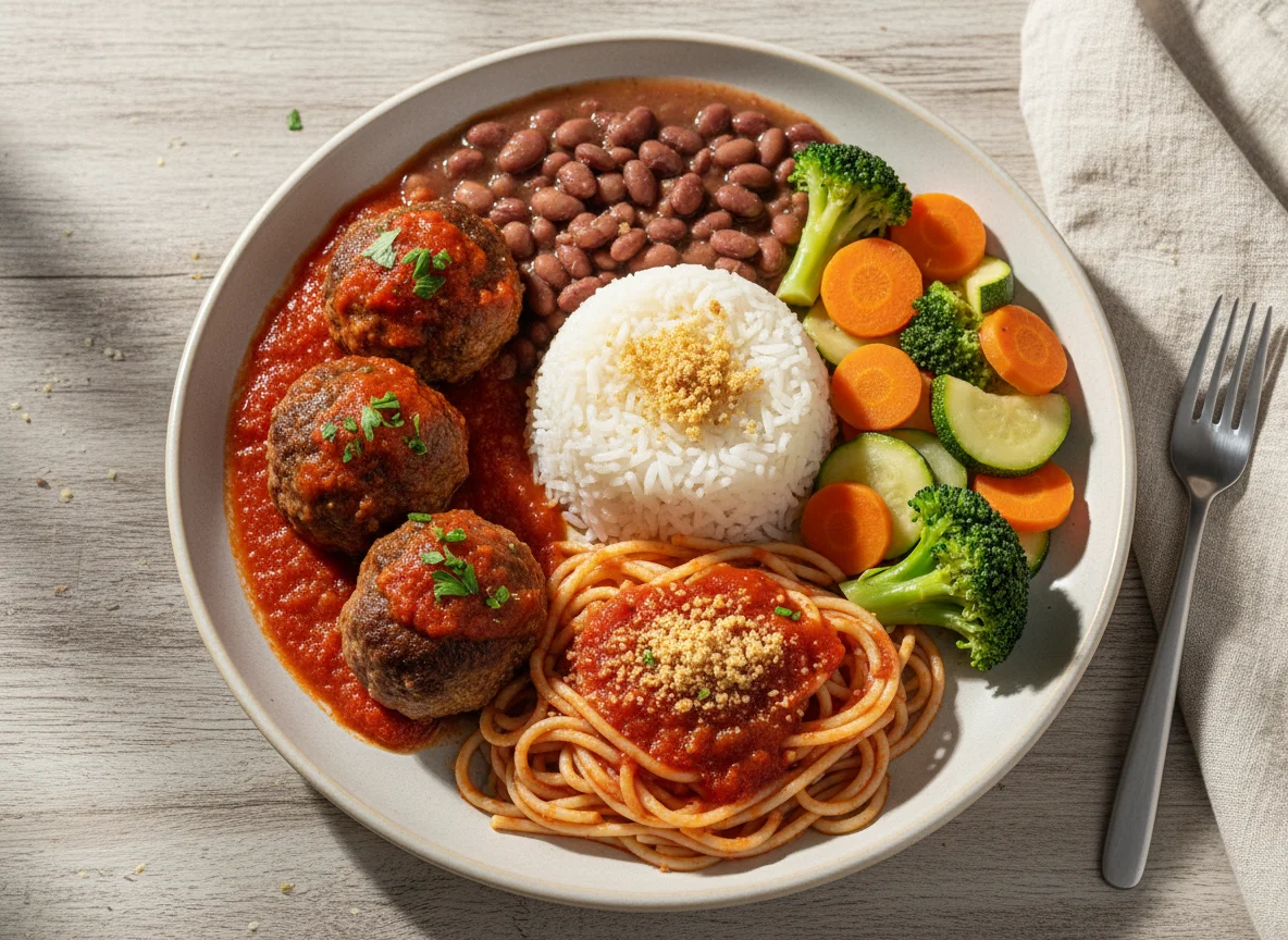 Prato feito com almôndegas, arroz, feijão, macarrão e legumes photo