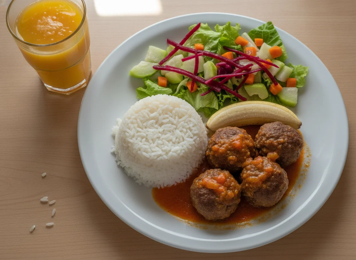 Prato Feito com Almôndegas, Arroz, Salada e Suco photo