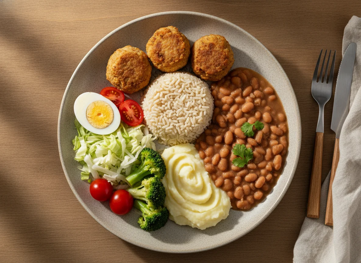 Prato feito com almôndegas de frango, arroz, feijão, purê e brócolis photo