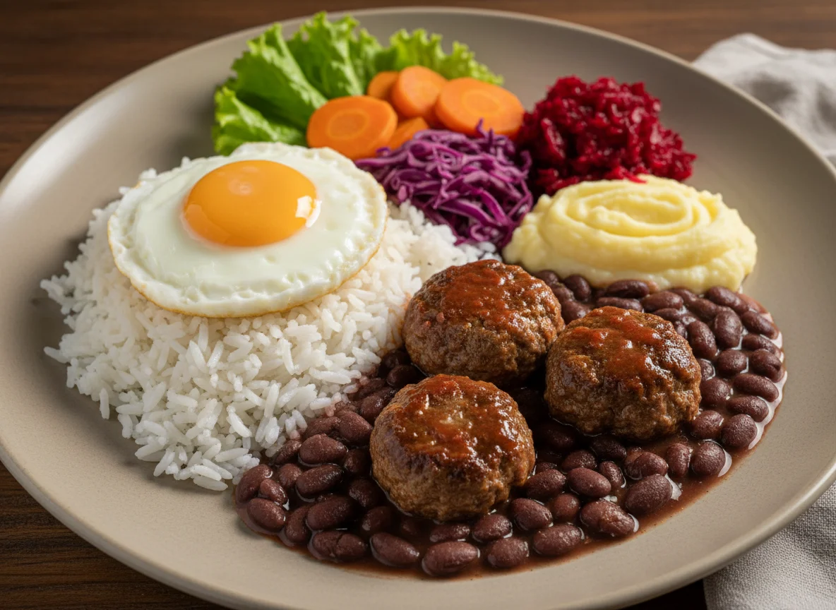 Prato feito com almôndegas e acompanhamentos photo