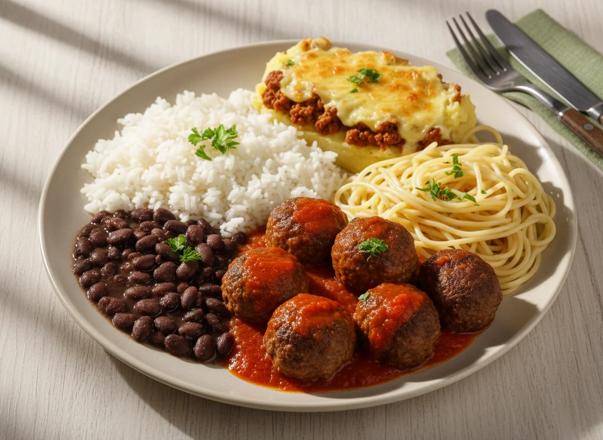 Prato feito com almôndegas, feijão, arroz, macarrão e purê de batata gratinado photo