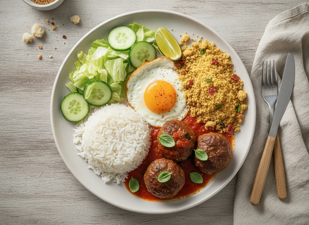 Prato feito com almôndegas, ovo, arroz, farofa e salada photo