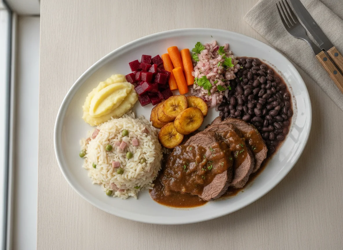 Prato Feito com Arroz à Piamontese, Carne ao Molho e Banana Frita photo