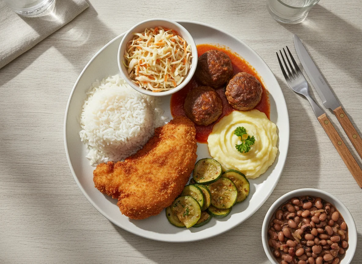 Prato Feito com Arroz, Almôndegas, Frango Empanado e Purê photo