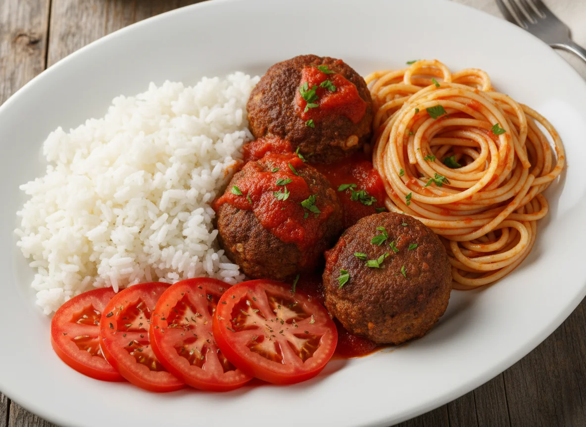 Prato feito com arroz, almôndegas, macarrão e salada de tomate photo