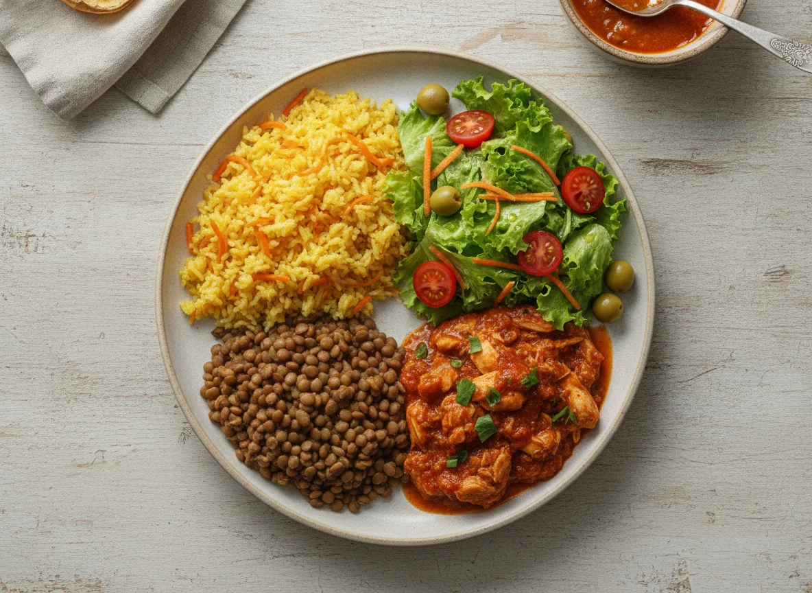 Prato feito com arroz amarelo, lentilha, frango desfiado e salada photo