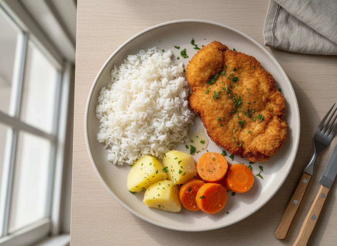 Prato feito com arroz, batata, cenoura e bife à milanesa photo