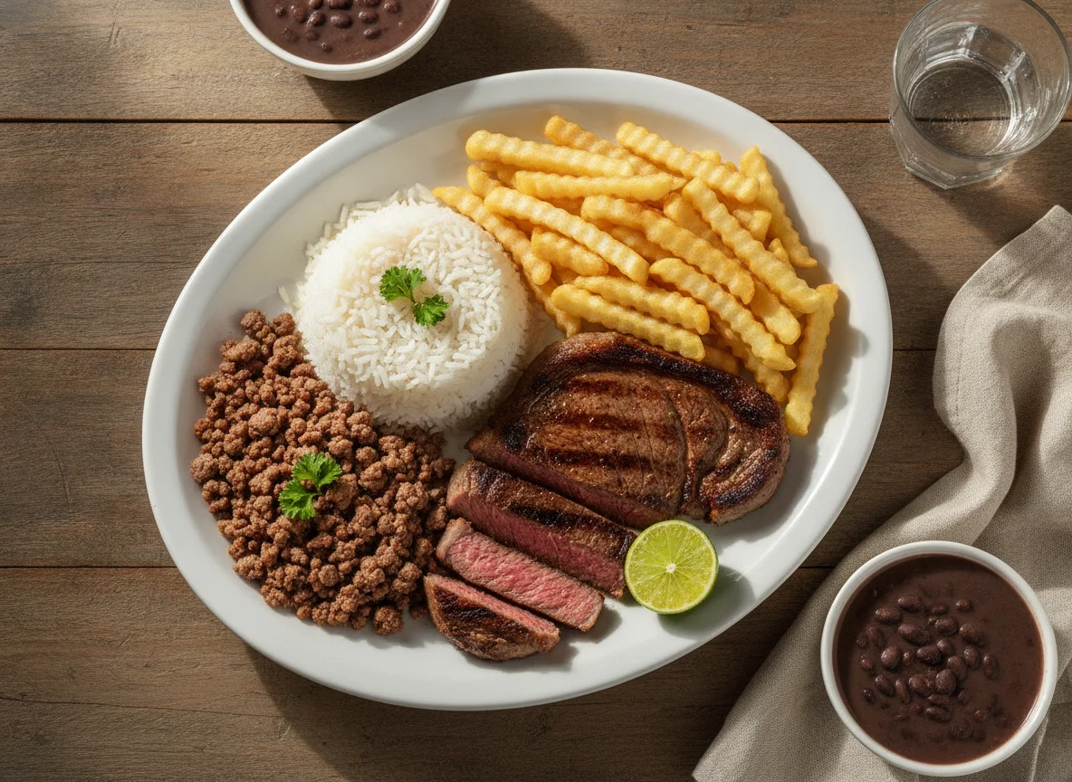Prato feito com arroz, batata frita e carne photo