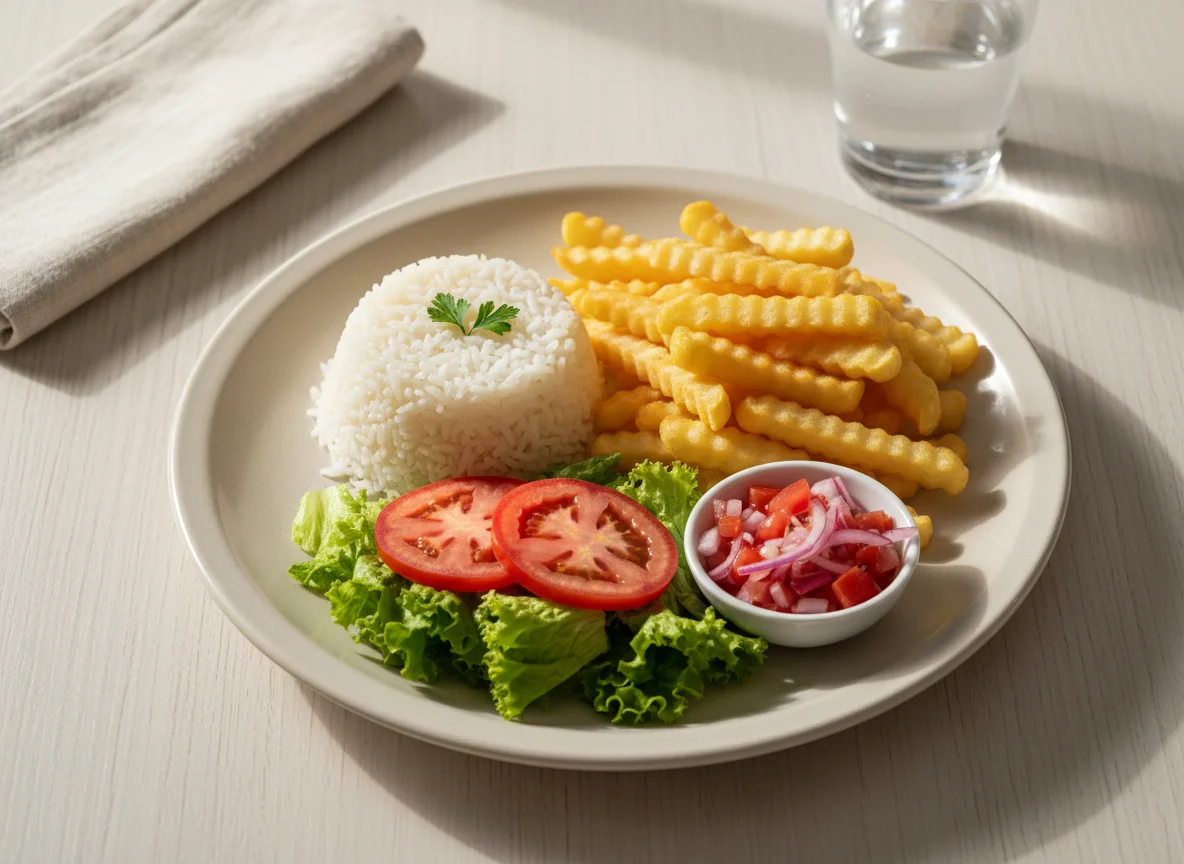 Prato feito com arroz, batata frita e salada photo