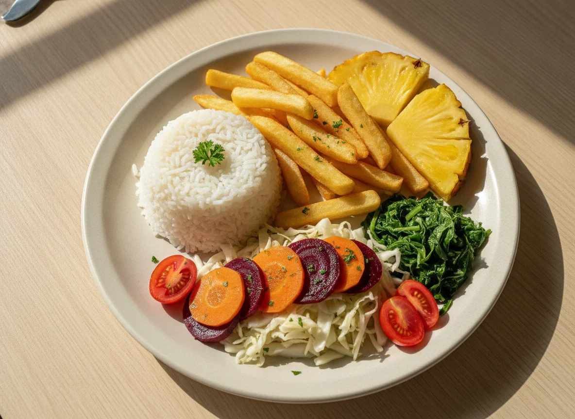 Prato feito com arroz, batata frita, salada e abacaxi photo