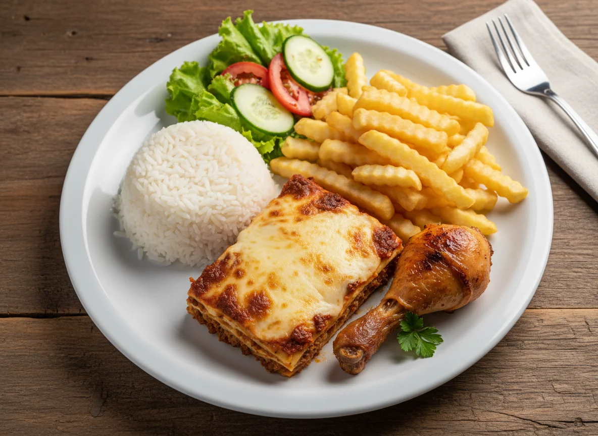 Prato feito com arroz, batata frita, salada, lasanha e coxa de frango photo