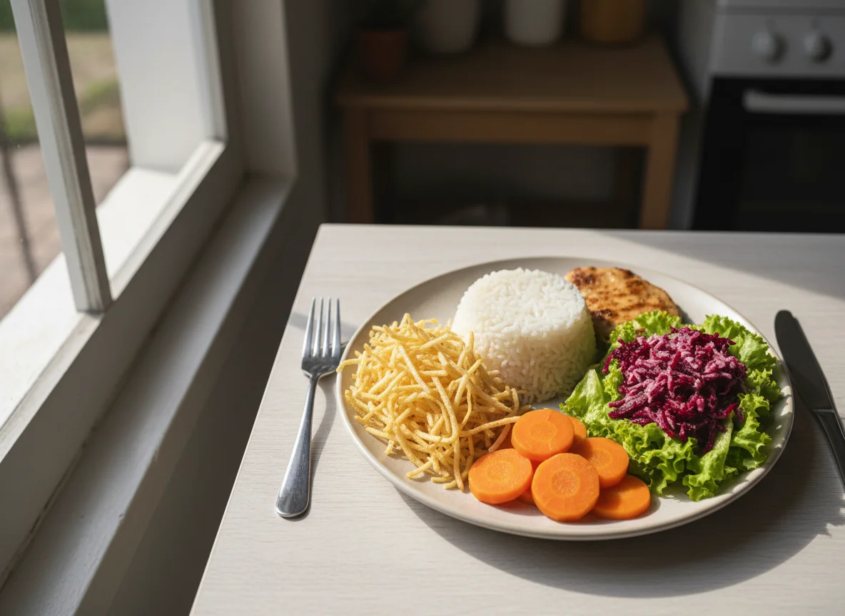 Prato feito com arroz, batata palha, cenoura e salada photo