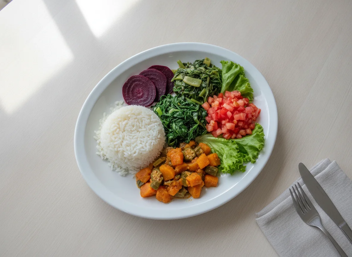 Prato feito com arroz, beterraba, couve, tomate, alface e refogado photo