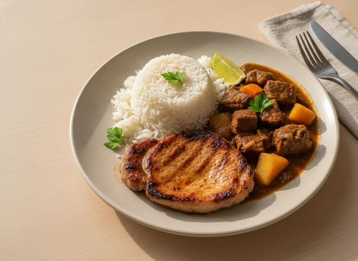 Prato feito com arroz, bife de porco e carne de panela photo