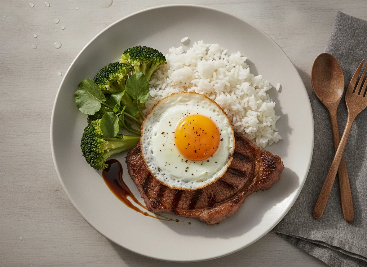 Prato feito com arroz, bife, ovo e vegetais photo