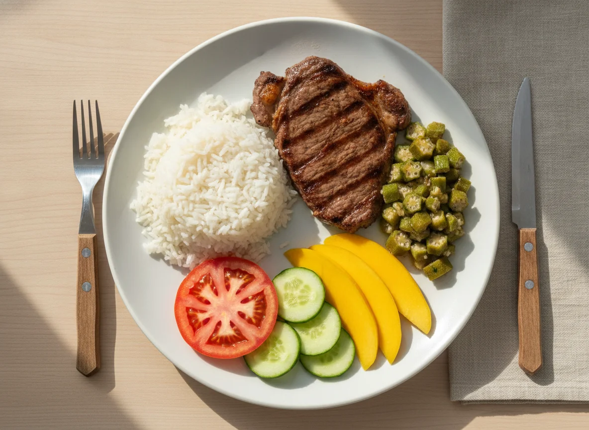 Prato feito com arroz, bife, quiabo e salada photo