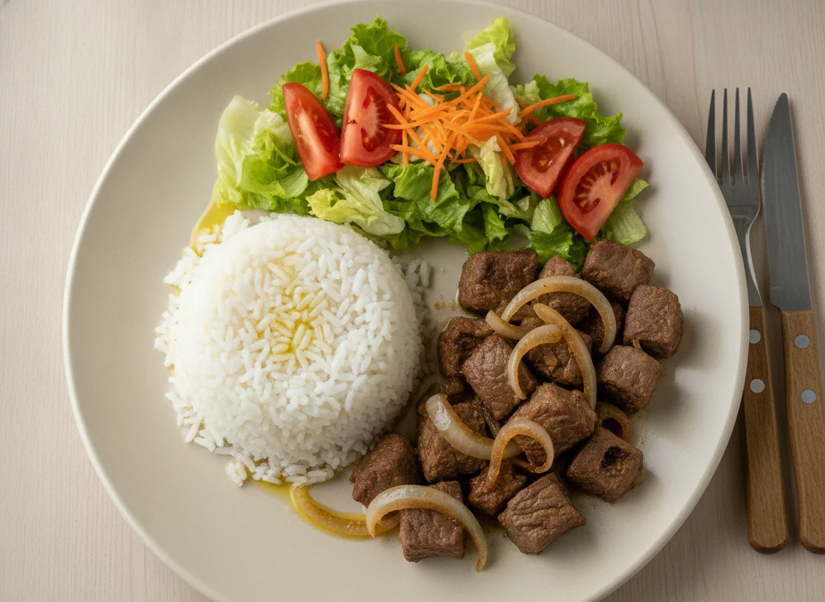 Prato feito com arroz, carne acebolada e salada photo