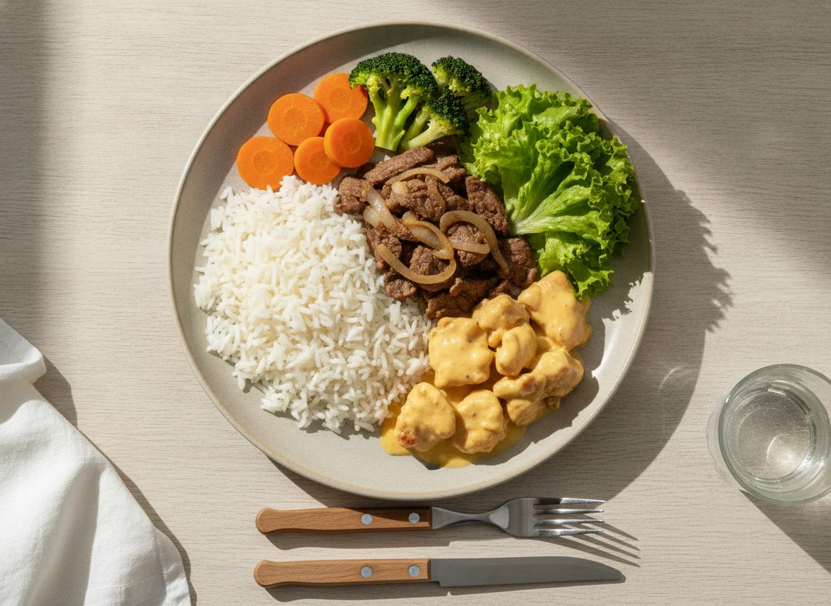 Prato Feito com Arroz, Carne Acebolada, Frango ao Molho e Vegetais photo