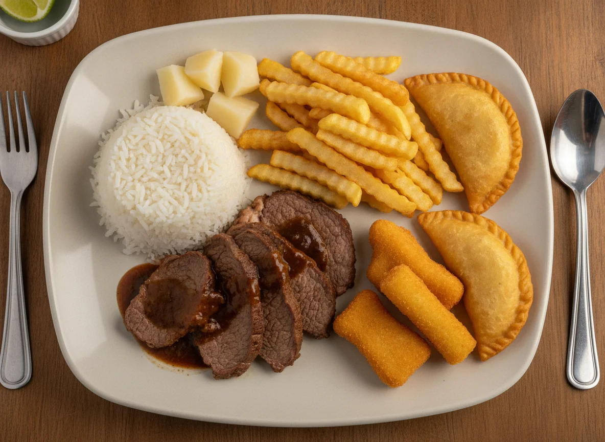 Prato feito com arroz, carne assada, batata frita, nuggets, polenta e pastel photo
