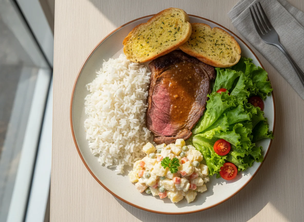 Prato feito com arroz, carne assada, salada de maionese, alface e pão de alho photo