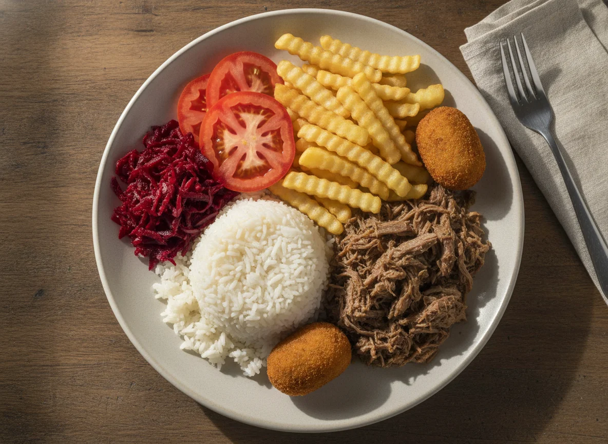 Prato feito com arroz, carne, batata frita, beterraba e tomate photo