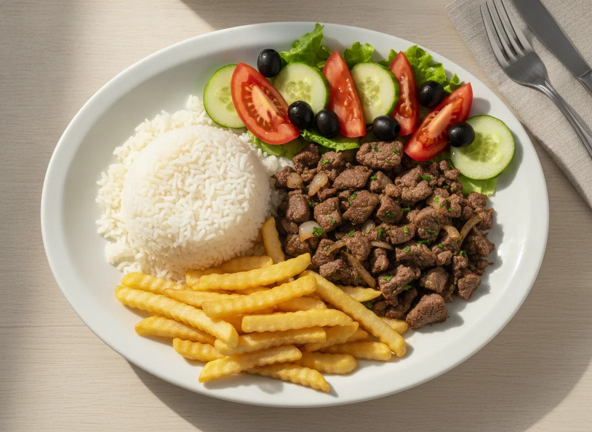 Prato feito com arroz, carne, batata frita e salada photo