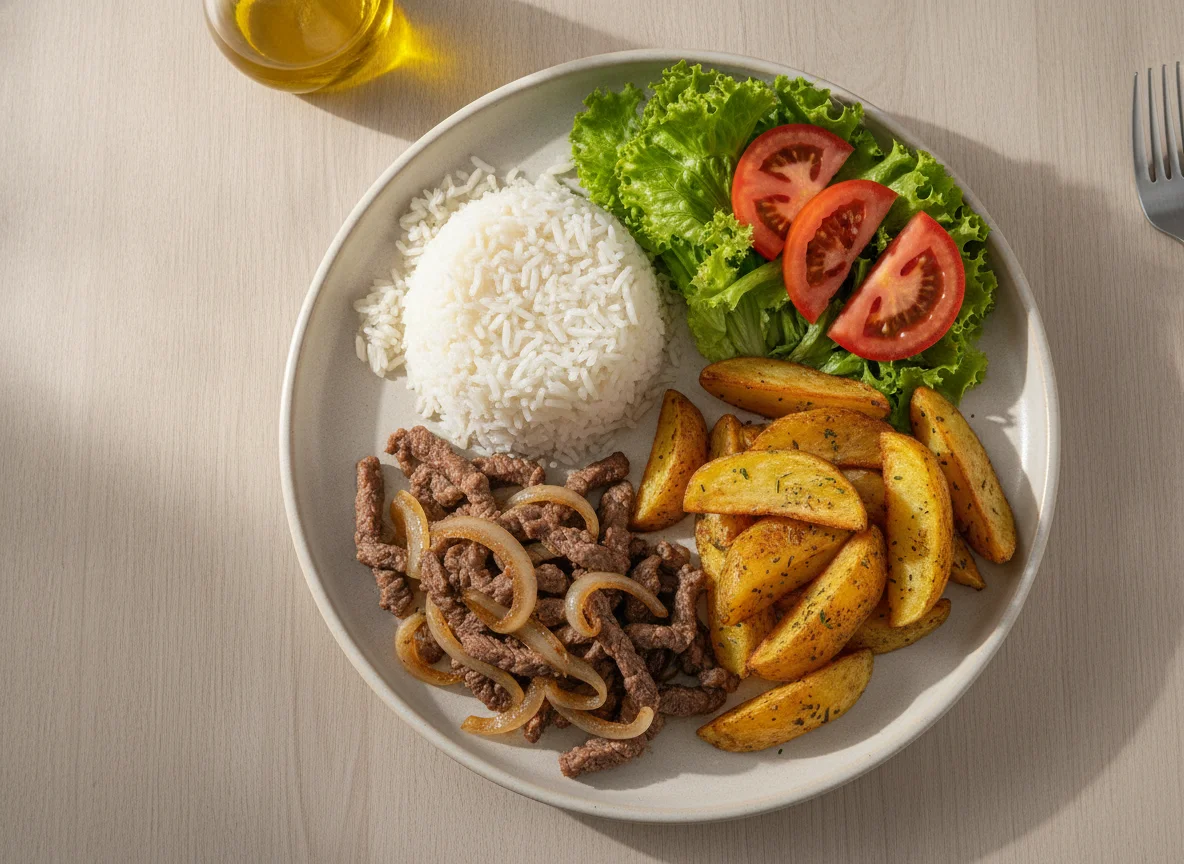 Prato feito com arroz, carne, batata rústica e salada photo