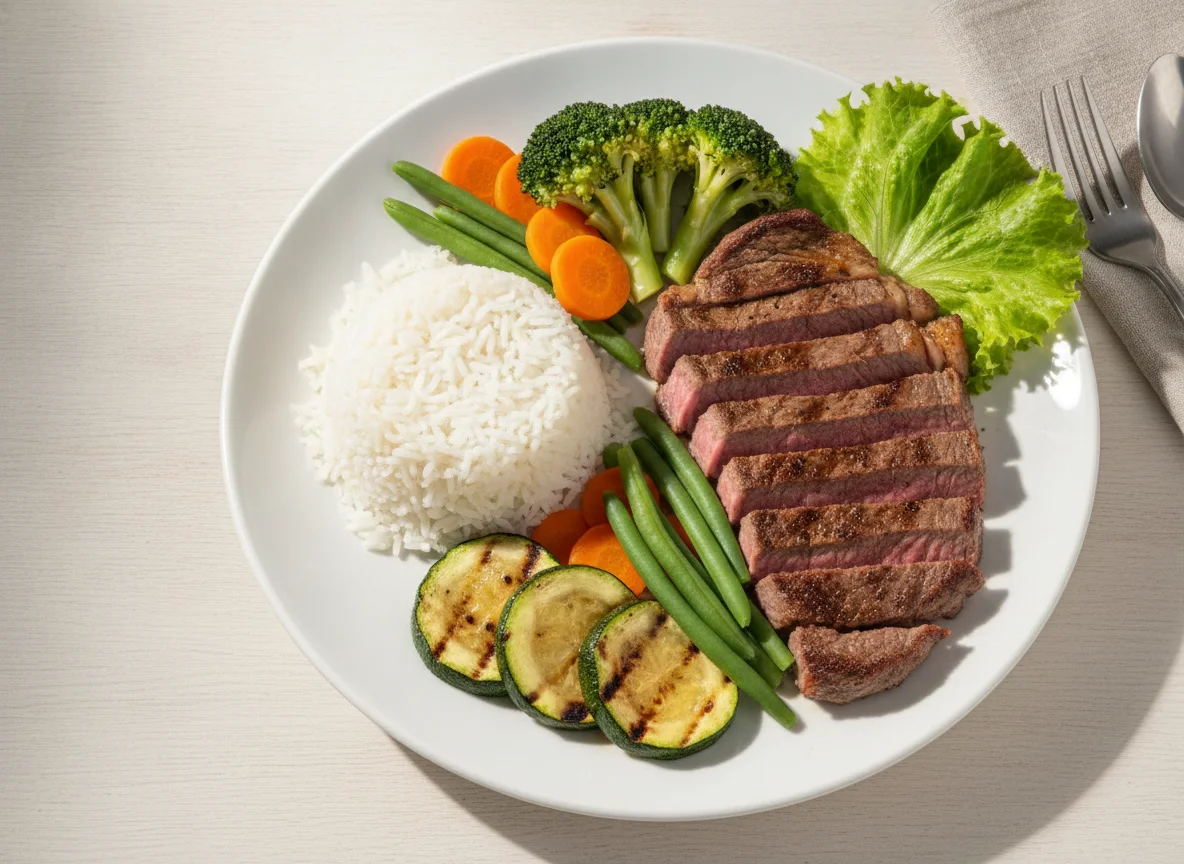 Prato feito com arroz, carne bovina e legumes photo
