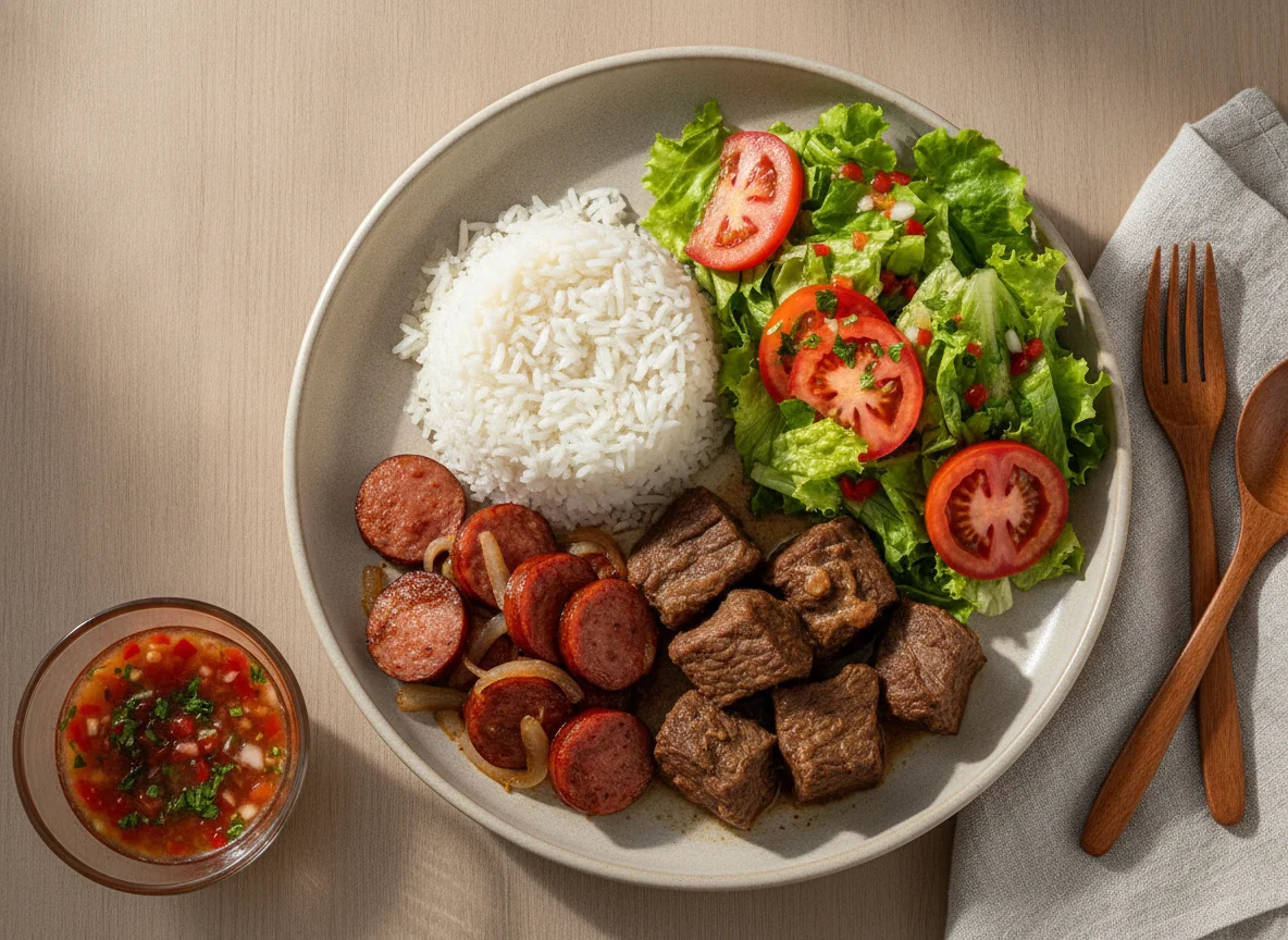 Prato feito com arroz, carne bovina, linguiça e salada photo
