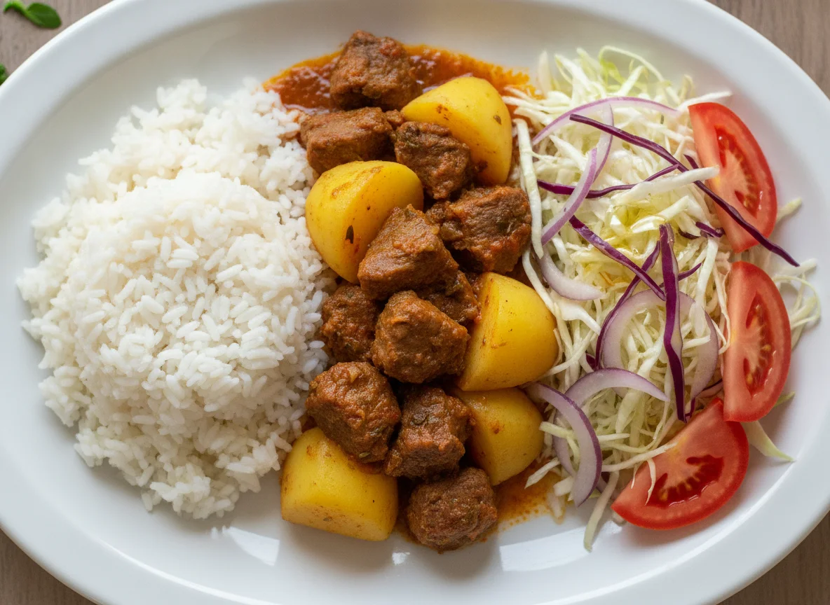 Prato feito com arroz, carne com batatas e salada de repolho photo