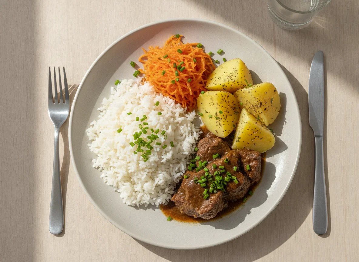 Prato feito com arroz, carne cozida, batatas e cenoura photo