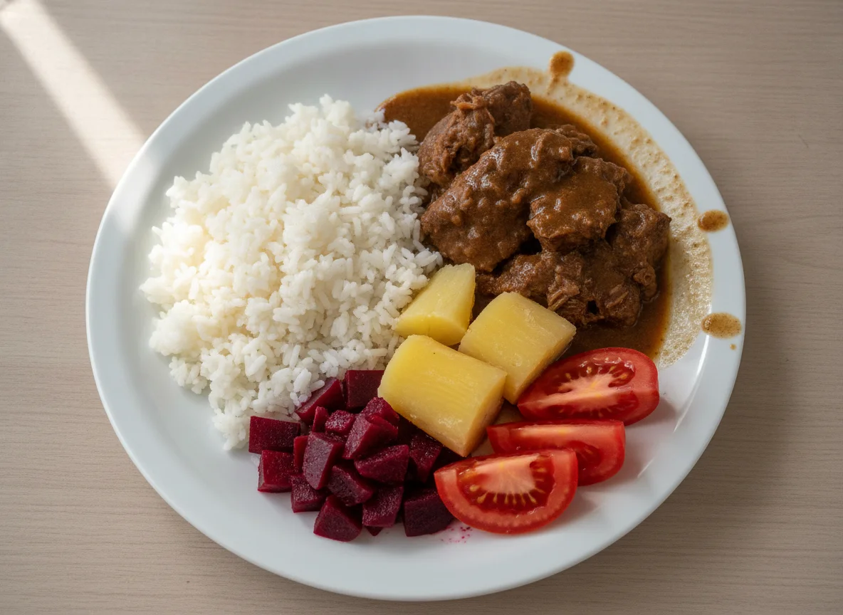 Prato feito com arroz, carne cozida, mandioca, beterraba e tomate photo