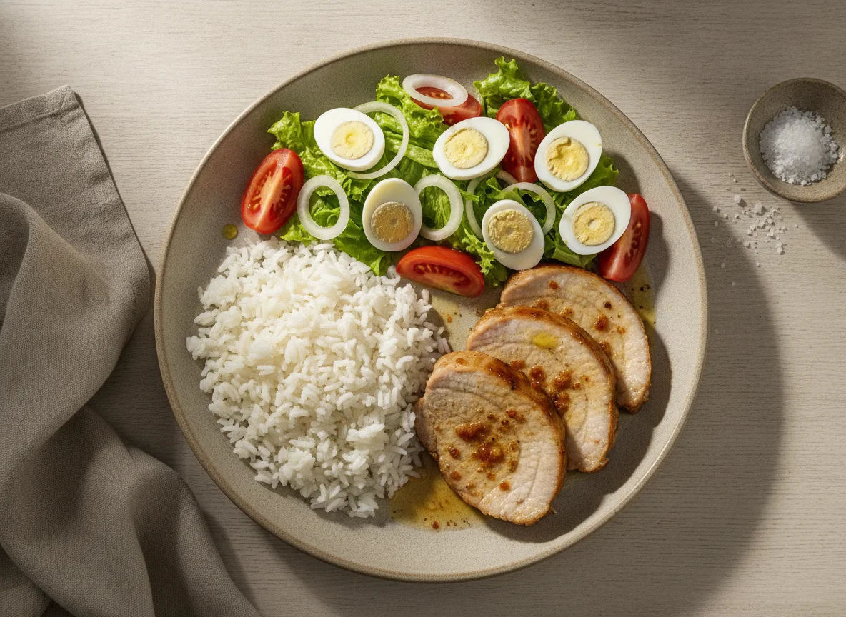 Prato feito com arroz, carne de porco assada e salada com ovos de codorna photo