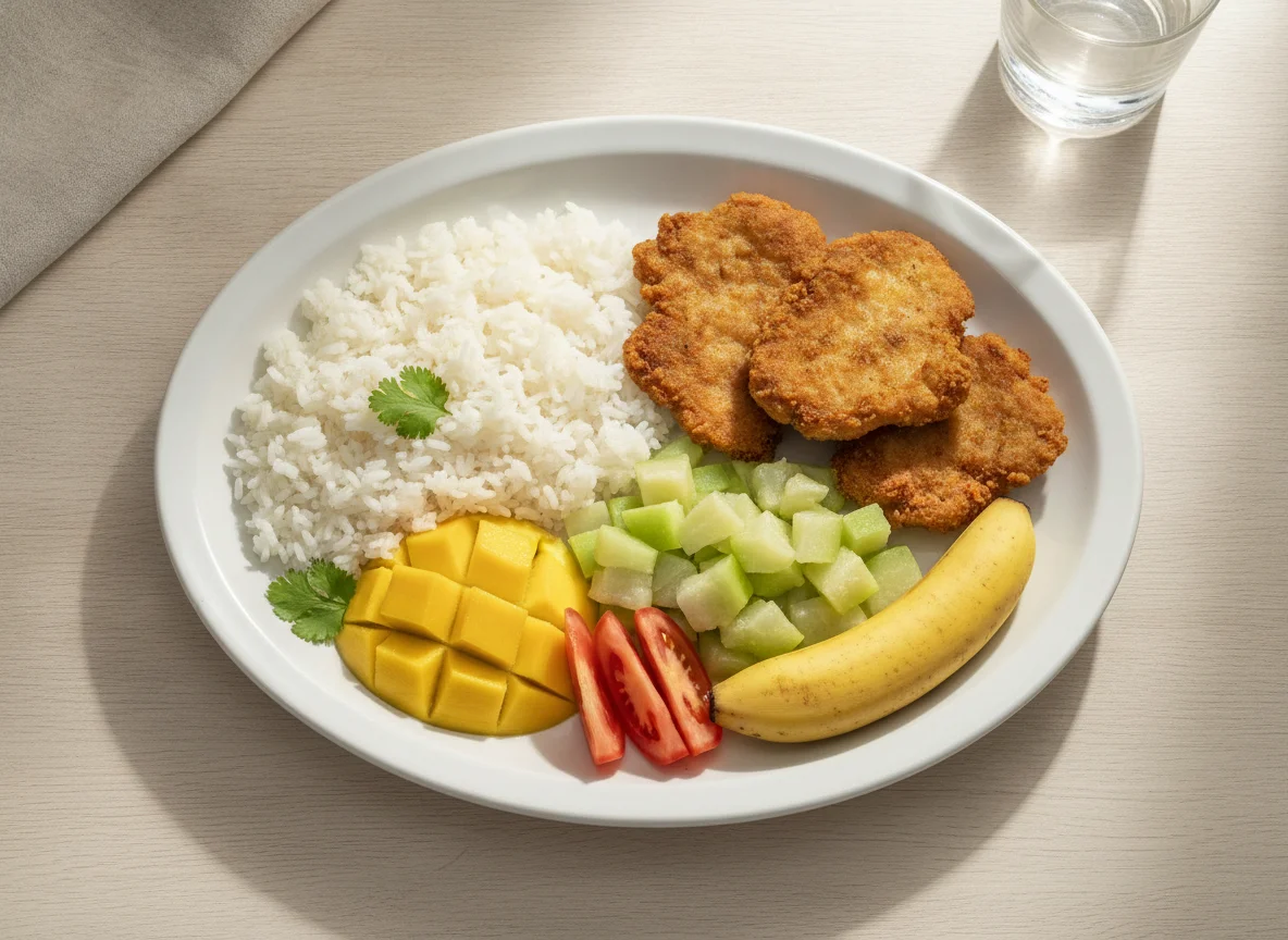 Prato feito com arroz, carne de porco e frutas photo