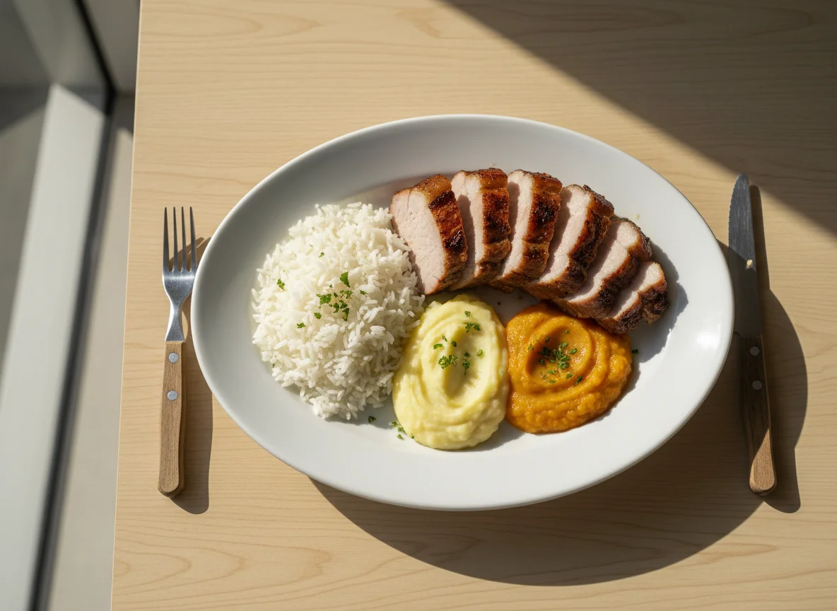 Prato feito com arroz, carne de porco e purês photo