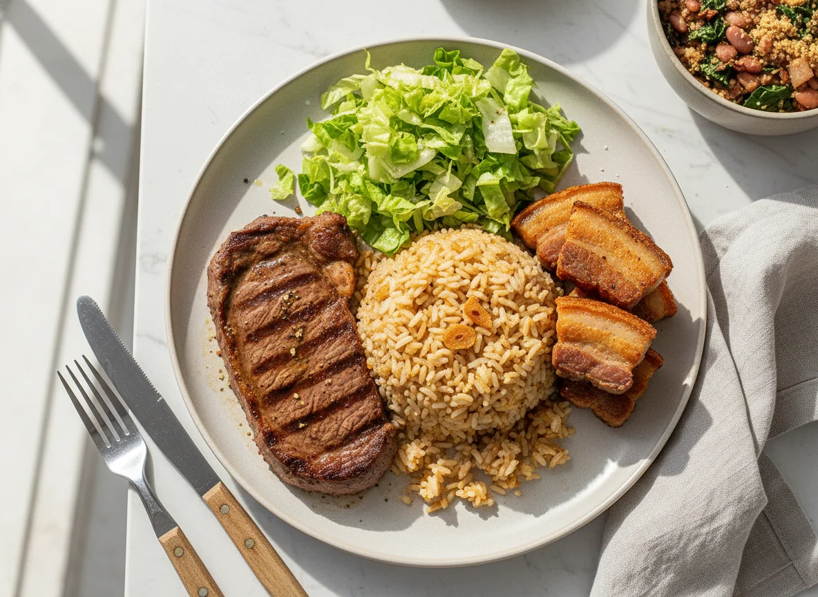 Prato feito com arroz, carne de porco frita, bife e salada photo
