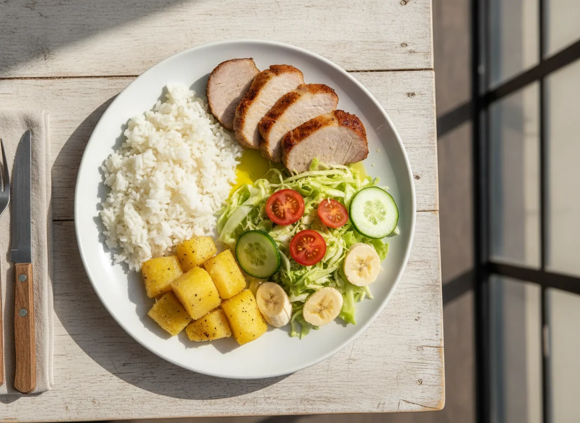 Prato feito com arroz, carne de porco, mandioca e salada photo