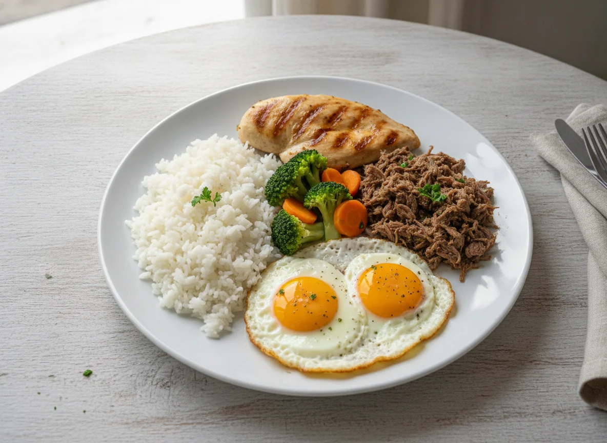 Prato feito com arroz, carne desfiada, ovos fritos e brócolis photo