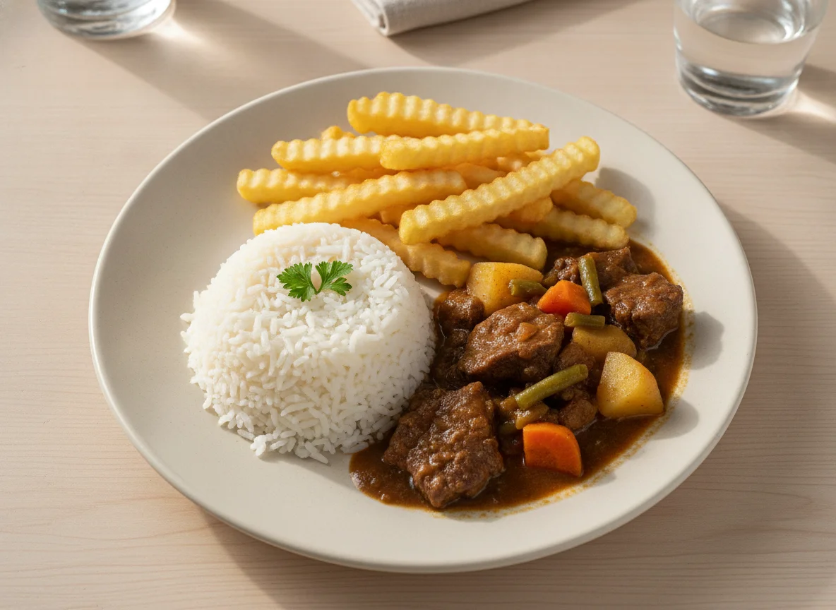 Prato feito com arroz, carne ensopada e batata frita photo