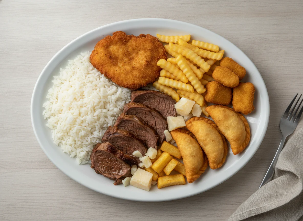 Prato feito com arroz, carne, frituras e queijo photo